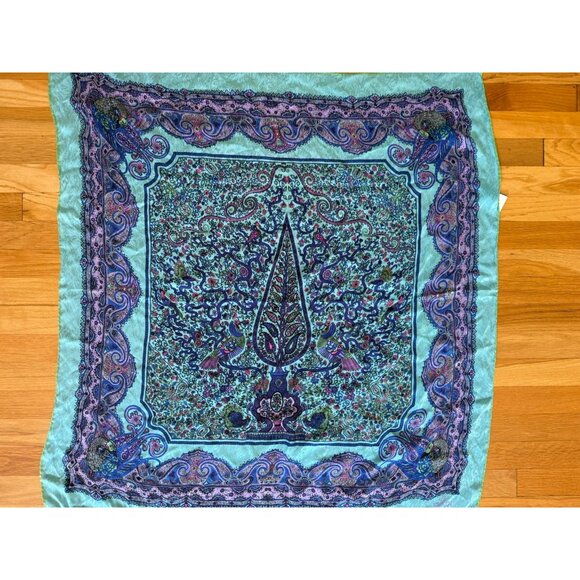 VTG 90’s FENDI Silk Scarf 38” Square Turquoise Blue Purple Tree Of Life Peacock - Picture 2 of 6